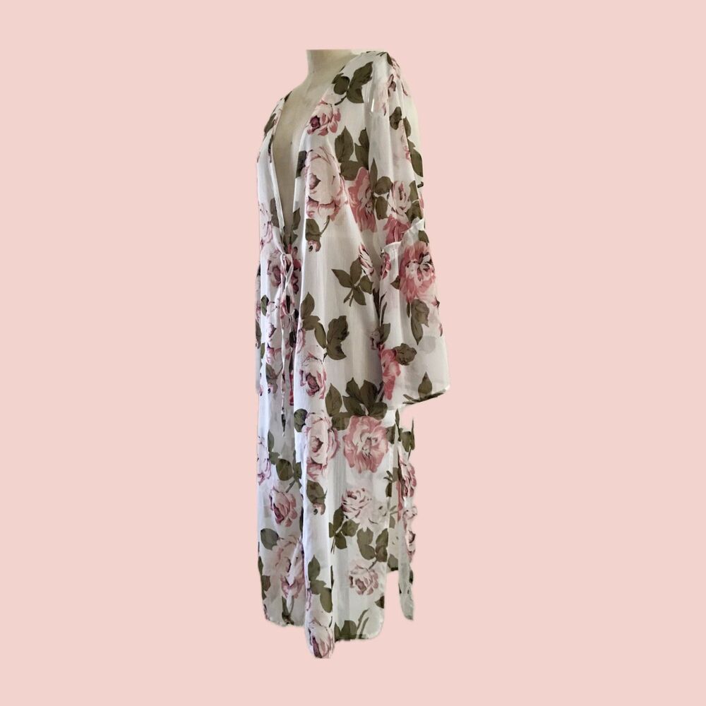 Band of Gypsies Sheer Pretty Pink Floral Boho Kimono Cover Up Top - S